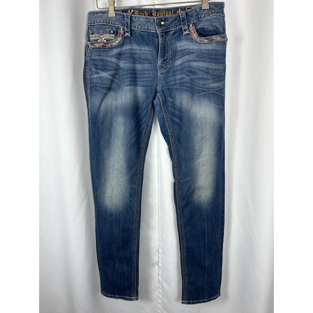 Y2K Rock Revival Meah Skinny Jeans Mid Rise Embellished Fleur De Lis Size 32